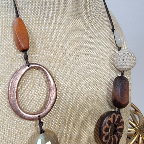 Statement Necklace Wooden Beads Copper Tone Ring Crochet Textured Boho - Picture 4 of 9